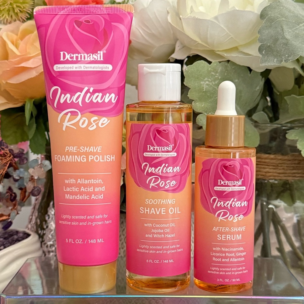 🆕🪷 DERMASIL LIMITED EDITION “INDIAN ROSE” 3-PIECE WOMENS SHAVING CARE SET. NEW.
